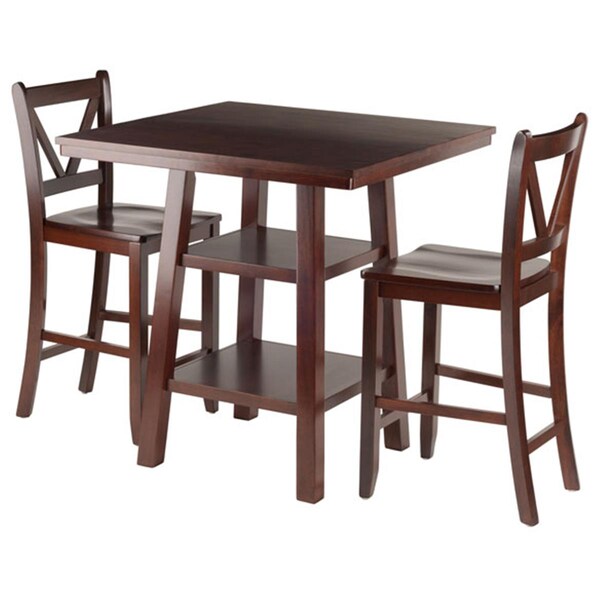 Winsome Trading 3 Piece Orlando High Table 2 Shelves with 2 V-Back Counter Stools Set, Walnut 94351 - main